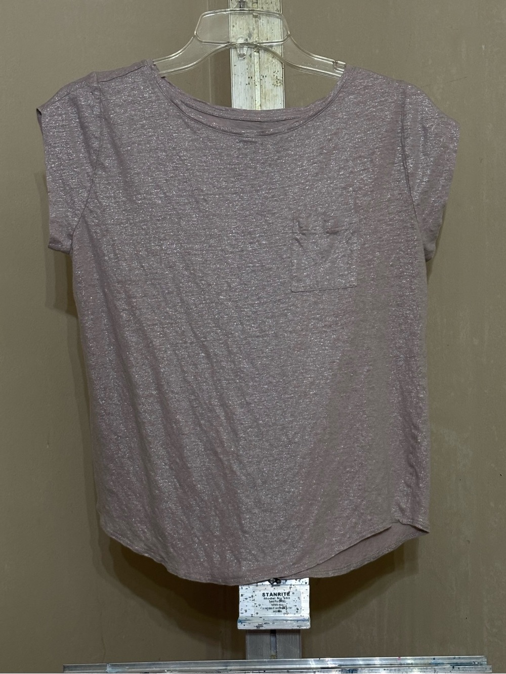 Loft, metallic glitter shimmer pocket T short sleeve mauve taupe sz M